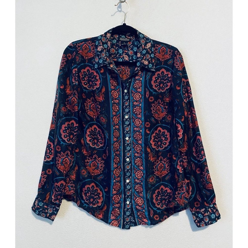 Lucky Brand Top Womens Medium Floral Button Up Long Sleeve Silk Blue Red Boho